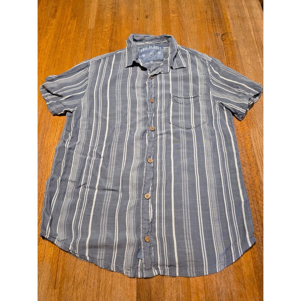 Free Planet Men‎ Small Blue White Striped Viscose Short Sleeve Button Up Shirt